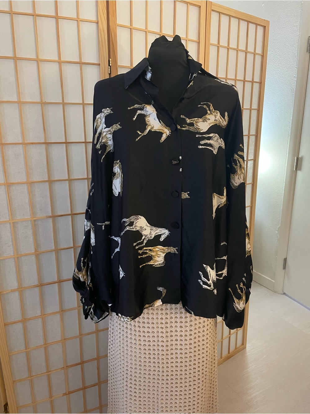 Beulah Black Horse-Print Button Down Blouse
